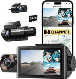 WOLFBOX i07 3 Channel Dash Cam Built-in WiFi GPS, 4K Dash Camera Front and Inside, 1440P+1080P+1080P Triple Car Camera with 3" LCD Screen, 32GB Card Included, IR Night Vision, 24H Parking Mode