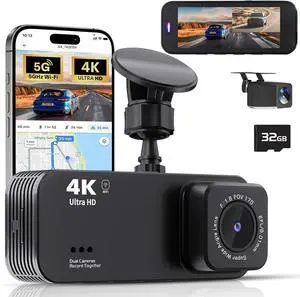 Dash Cam Front and Rear, 4K+1080P Dual Dash Camera for Cars with 5G WiFi, Built-in 32GB Card, Night Vision, G-Sensor, 24H Parking Mode