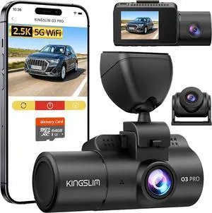 Kingslim 3 Channel 5G WiFi Dash Cam with 64GB Card, 2.5K/1080P Front and Rear Inside Dashcam, 2.5K/1080P/1080P Three Way Dash Camera for Cars Auto IR Night Vision, Loop Recording, APP Control(O3PRO)