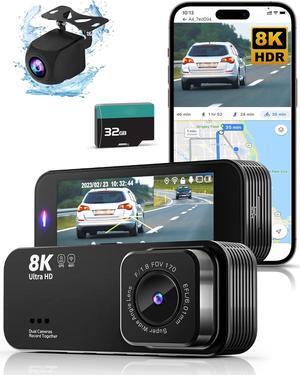 Dash Camera for Cars, 8K Ultra HD Dash Cam Front and Rear, Dash Cam with App Control, 32GB Card, Built-in Wi-Fi & GPS, 3.16IPS Screen, 170°Wide Angle, WDR, Night Vision, 24H Parking Mode
