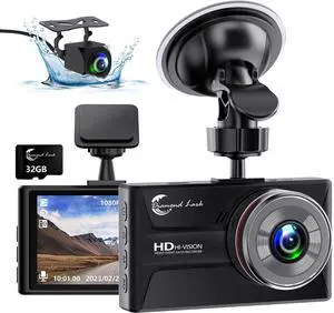 1080P Dash Cam Front and Rear with 32GB SD Card, Diamond Lark Dual Dash Camera for Cars, 3 LCD Screen Dashcam with Type-C Port, HDR, G-Sensor, Loop Recording, Parking Monitor, Night Vision