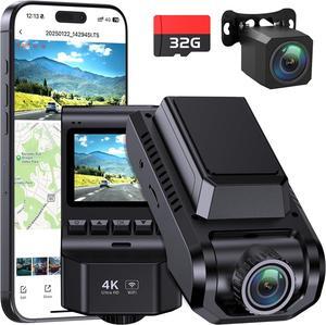 Dash Cam Front and Rear, 4K UHD Dash Camera for Cars 32 GB Card Included, Built-in Wi-Fi, GPS, 2" IPS, 24h Parking Mode, Car Dash Cam with Front and Back, with 170° and 160° Wide Angles