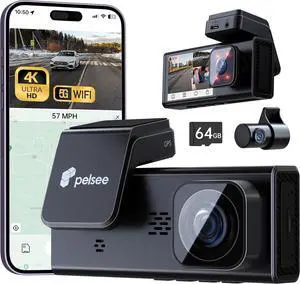 Pelsee P2 Trio 4K Dash Cam Front and Rear Inside WiFi, 64GB Card, 4K+1080P+1080P Dashcam,3 Channel Dash Camera for Cars Smart Driving Assistant ADAS/BSD/DMS,Night Vision/24H Parking Mode/G-Sensor