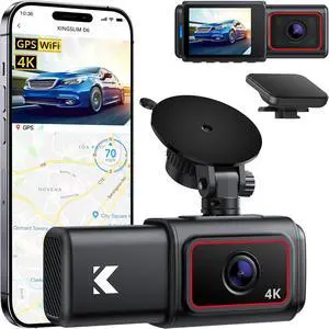 Kingslim D6-4K Dual Dash Cam - WiFi & GPS 4K Front and 1080P Inside Type-C Uber Car Camera with Super Night Vision and 24-Hour Parking Monitor, 3 Channel Dash Cam Optional, Black