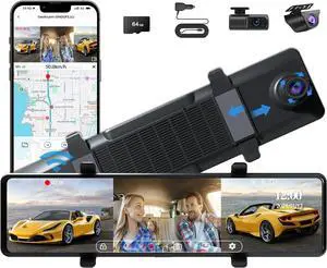 Aprilboy 3 Channel Mirror Dash Cam, 12" Triple Rear View Mirror with Front 3K, Inside and Rear 1080P Cameras with WiFi, G-Sensor, Reverse Assist, Parking Monitoring, Free 64GB Card