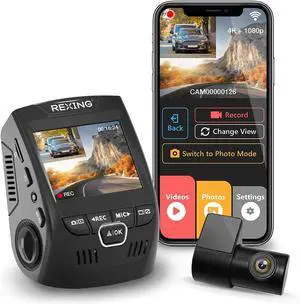 V1P 4K Dual Channel Dash Cam 4K+1080p w/Wi-Fi, 2.4 LCD, 170° Wide Angle, Rear Camera, Supercapacitor, G-Sensor, WDR, Loop Recording, Mobile App