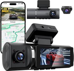 3 Channel Dash Cam, 4K+1080P+1080P Front Rear and Inside Dash Camera for Car,WDR Night Vision,Smart Voice Control,Built-in WiFi&GPS,APP Control,G-Sensor, 24H Parking Mode, Free 64GB SD Card