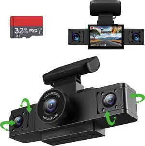 3 Channel 1080P Dash Cam Front and Inside Left/Right, Free 32G Card, Dash Camera Loop Recording, Triple Camera for Cars 24 Hours/7 Parking Monitor, Wide Angle, IR Night Vision, with G-Sensor, Black