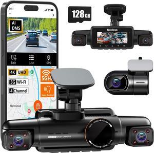 AI Dash Cam Front Rear Inside, 4 Channel 3k+1080P*3 Dashcam with Smart Driving Monitor System, 360° View Car Cameras 5GHz Wi-Fi GPS, Camera for Car Night Vision 128GB SD Card, 24H Parking Mode N700Pro