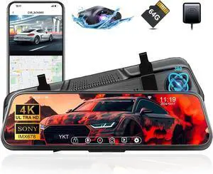 YKT 4K Mirror Dash Cam, Rear View Mirror Camera for Car with 2K Camera and 64GB Card, 10' Touch Screen Front and Rear Dashcam WiFi GPS, Night Vision, G-Sensor, Reverse Assist, 24H Parking Mode