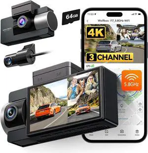 WOLFBOX i17 4K 3 Channel Dash Cam, 5.8GHz WiFi & GPS with 64GB Card, 4K+1080P+1080P Dash Cam Front and Rear Inside, Triple Car Camera with 3 Inch Screen, IR Night Vision, WDR, 24H Parking Mode