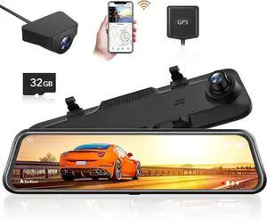 WOLFBOX 12'' Mirror Dash Cam with WiFi, 2.5K Rear View Mirror Camera with 1080P Backup Camera, WiFi Mirror Dash Cam Front and Rear, Included 32GB Card & GPS