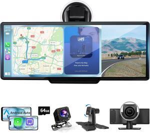 10.26" Wireless Carplay Screen with 4K Dash Cam, Portable Android Auto Screen, Car Stereo with 1080P Backup Camera, HD Touch Screen for All Vehicles, GPS Navigation, Mirror Link, Voice Control
