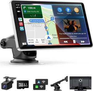 Portable Carplay Screen for Car, 9" Wireless Carplay Android Auto Screen with 4K Dash Cam & 1080P Backup Camera, Car Play Stereo with Voice Control & GPS Navigation, Mirror Link, BT/FM/AUX