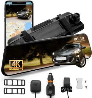 4k Mirror Dash Cam with GPS & Night Vision-10'' Touchscreen Rearview Camera for Cars & Trucks, Front & Rear Dash Cam, Loop Recording, G-Sensor, 170° Wide Angle, Easy Installation