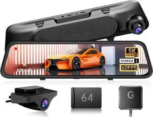 5K Mirror Dash Cam with 60fps WDR Backup Camera,12" Rear View Mirror Camera for Car & Trucks, Front and Rear Dual Dash Camera 4K 2160P, Night Vision, Parking Assist, Included 64GB Card & GPS