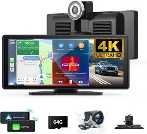 Wireless Carplay Screen for Car 10.26" 4K 360 Rotation Dash Cam Carplay&Android Auto Car Stereo 1080p Backup Camera GPS Navigation/Mirror Link/Voice Control/Siri/FM Satellite Radio Receiver