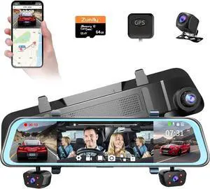 4 Channel Mirror Dash Cam, Dash Cam Front and Rear/Inside, 12 FHD 1080Px4 Rear View Mirror Camera, IR Night Vision for Left and Right Inside Car Camera, Built-in WiFi, GPS, Parking Monitor