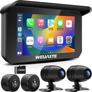 Portable Motorcycle Dash Cam, Motorcycle TPMS, Wireless Apple Carplay & Android Auto GPS Navigation for Motorbike, 5" IPS Moto Carplay Waterproof Touchscreen, G-Sensor, Bluetooth, 128G SD Card