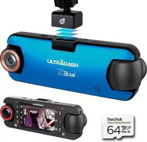 UltraDash Z3+ Commercial Edition + 64GB SD Card - Dual Lens Dash Cam+ High Endurance Micro SD, 2K 1440P, IR Cabin Lens, 140° Wide Angle, Super Capacitor for Rideshare, Taxi