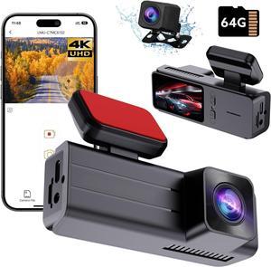 4K Dash Cam Front and Rear, 4k+1080P Dual Dash Camera for Cars with 64G CardWiFi&App,170-Degree Wide Angle,1.97 Display Car Camera, Night Vision, G-Sensor, Loop Recording