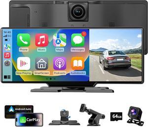 Portable Carplay Screen for Car, 10.26" HD Car Tablet, Wireless Audio Receivers, IPS Carplay & Android Auto Touch Screen with 4K Dash Cam, GPS Navigation, Siri, AUX/FM, Mirror Link, Backup Camera
