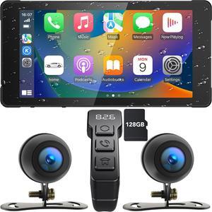 Motorcycle Dash Cam, Motorcycle Carplay/Android Auto 5.5" Waterproof Touch Screen, Motorbike GPS Navigation System, Digital Display Wire Remote Control, Siri/Google Assistant, 128G SD Card
