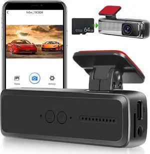1080P Dash Camera for Cars - Mini Dash Cam with App Control with ADAS Assistive Driving / 150° Wide Angle/WDR/HDR/G-Sensor/Loop Recording/Night Vision + 64G Card