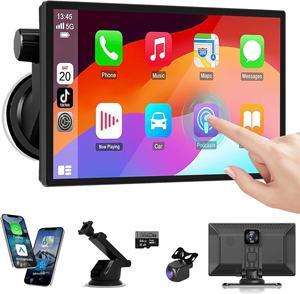 9" Portable Carplay Screen for Car, Wireless Apple Carplay & Android Auto Touch Screen with 4K Dash Cam & 1080P Backup Camer, Car Play with GPS Navigation,Voice Control,Mirror Link,Bluetooth