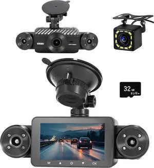 4 Channel Dash Cam 360° View, Include Front & Rear Left Right Camera Support 4 Way Recording, 32GB Card, 3 IPS Screen/Night Vision/WDR/24H Parking/G-Sensor2G/4G/8G / 3 Split Screen