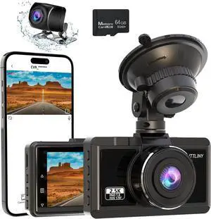 Dash Cam Front and Rear 2.5K+1080P FHD WiFi Dual Dash Camera for Cars, 170° Angle Dashboard Camera with 64G SD Card, App Control,3 IPS Screen,Night Vision,Parking Mode,G-Sensor,WDR,Loop Recording
