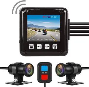VSYSTO WiFi Motorcycle Dash Cam, 2 Inch Screen All Waterproof HD 1080P WDR SONYIMX307 150° Wide Angle Fisheye Lens Front and Rear Camera with GPS, Night Vision, G-Sensor, Loop Recording (Black-2Inch)