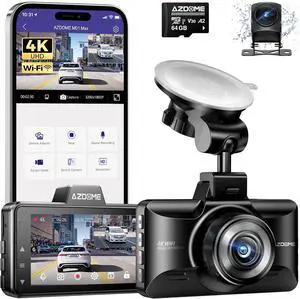 AZDOME M01 Max WiFi Dash Cam Front and Rear, 4K+1080P, Free 64GB Card, App Control, 3" Screen Dash Camera for Car, Built-in ADAS G-Sensor, Waterproof, 24H Parking Mode Dashcam