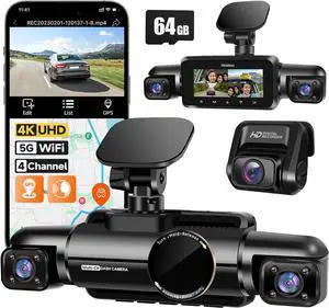 360° Dash Cam Front, Rear and Inside, 4 Channel 3K+3*1080P, 5GHz Wi-Fi GPS, Voice Control, 4K+1080P*2 Dash Camera for Cars, CPL Filter, Free 64GB SD Card, Night Vision, 24H Parking Mode(N700)