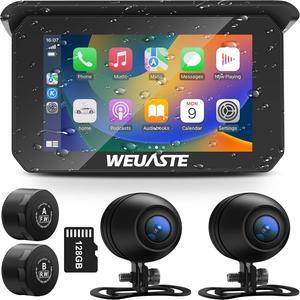 Portable Wireless Apple Carplay for Motorcycle, 1080P Dual Motorcycle Camera (IMX307 chip), Motorbike Dash Cam, Motorbike TPMS, 5" IPS Waterproof Touch Screen, 128 GB TF Card, Support Siri