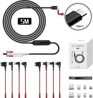 Dash Cam Hardwire Kit, 16.4ft/5M Type C USB Hardwire Kit 12V-24V to 5V with Low Voltage Protection Car Dash Camera Charger Power Cord, Enables Parking Mode, Supply All USB Type-C Dash Camera