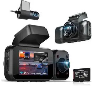 4K 3-Channel Dash Cam with Wi-Fi, GPS, Voice Control, G-Sensor, and Loop Recording  Super Capacitor, 170° Wide Angle, 32GB MicroSD Included