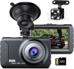 Dash Cam Front and Rear Car Cameras, 1296P Full HD, 170 Wide-Angle, 3.0" LCD Display, Infrared Night Vision, Loop Recording, 32GB SD Card, Touch Control, Front and Rear Mount