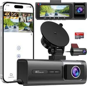 3 Channel 5G WiFi Dash Cam, 4K+1080P+1080P Dash Cam Front and Rear Inside with 64GB Card, 3.16 IPS Screen, G-Sensor, Loop Recording, Parking Monitor, 170° Wide Angle, IR Night Vision, WDR, Silver