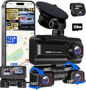 Dash Cam 4 Channel 360° Front Rear Inside DashCam, 4K Full HD Dashcam Car Camera, Built-in Wi-Fi GPS Dashcams, 3.18 IPS Screen, WDR Night Vision, 24H Parking Mode (Z7-4CH)