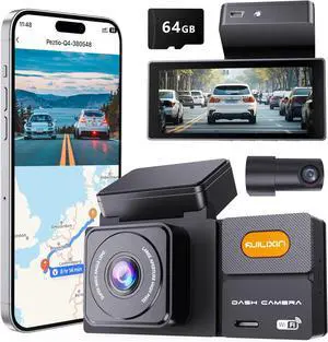 Dash Cam Front and Rear, 3.69 IPS Display Car Camera, 4K UHD +1080P Dual Dash, 64GB SD Card, Wi-Fi & App Control, Built-in GPS, Night Vision, 24H Parking Mode, Loop RecordingG-Sensor