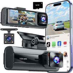 FHD Dash Cam Front and Rear Inside, 3 Channel Dash Camera for Cars,5GWiFi, 2.5K Front + 1080P+1080P Rear & Inside,Car Camera with Night Vision, Loop Recording, G-Sensor, 24H Parking Mode, 64GB Card