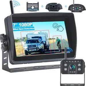 Wireless RV Backup Camera System with Blind Spot Detection, 7'' HD Touch Screen Monitor with 1080P Rear View Camera, Loop Recording IP69 Waterproof IR Night Vision for RV Truck Trailer Camper