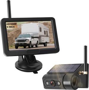 Magnetic Solar Wireless Backup Camera with 5 HD Monitor No Wiring Rechargeable Battery IP68 IR Night Vision Rearview Camera System for Car RV Truck 5th Wheels Skid Steer Horse Trailer Hitch Camera