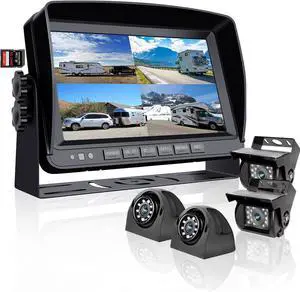 Backup Camera System with 9'' 1080P Monitor Wired for RV Truck Trailer Camper Bus, 4 Split Screen Quad View HD DVR Record Monitor + IP69 Waterproof 360° View Night Vision Rear Side Camera