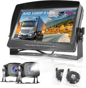 Dual RV Backup Camera System 1080P, Hodozzy 9 Inch AHD Reversing Camera Monitor Wired IP69 Waterproof Full Color Night Vision Loop Recording Car Reversing Rear View Camera for Truck/Trailer/RV 12-35V