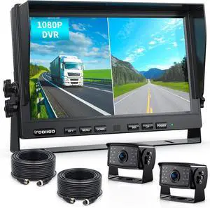 Fookoo  HD Wired Backup Camera System Kit,10 inch Dual Split Screen Monitor with Recording IP69 Waterproof Front View Rear View Cameras Parking Lines for Truck/Semi-Trailer/Box Truck/RV(DY102)