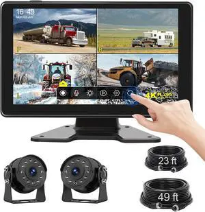 9'' RV Backup Camera Wired System: 1080P IP68 Waterproof Rear View Cameras with Full Touch IPS Quad Split Screen Loop Recording Monitor, IR Night Vision Reverse Cameras for Truck, Trailer, RV