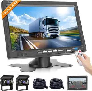 Hodozzy Dual Backup Camera Kit with 7 Inch LCD Monitor & 2 Backup Cameras Reversing, IP68 Waterproof, 18IR Night Vision, Rear View Camera 4-Pin Cable for Car Truck/Trailer/Bus/Van/Caravan (12V-24V)