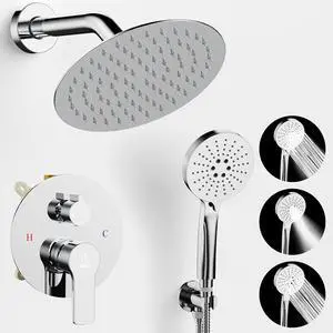 Shower Faucet Set 8IN Brass Rough-In Valve Body Trim Kit Rainfall Included Handle Accessories Complete 2 Functions with Rain Head and Handheld Bathroom Systems (8, Chrome Polished)